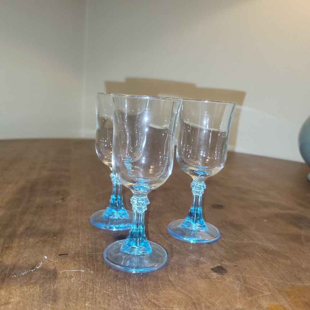 3 Cristal D'Arques Durand Aqua Blue Stemmed Cordial Glasses